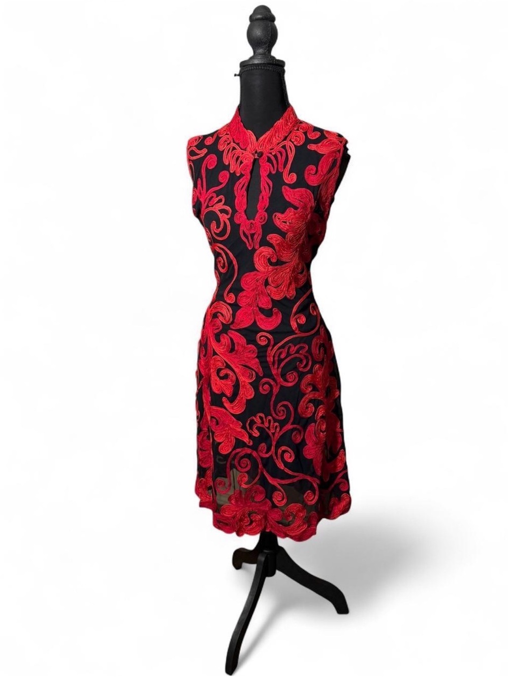 Phase Eight Midi Dress with Red Embroidered Overlay